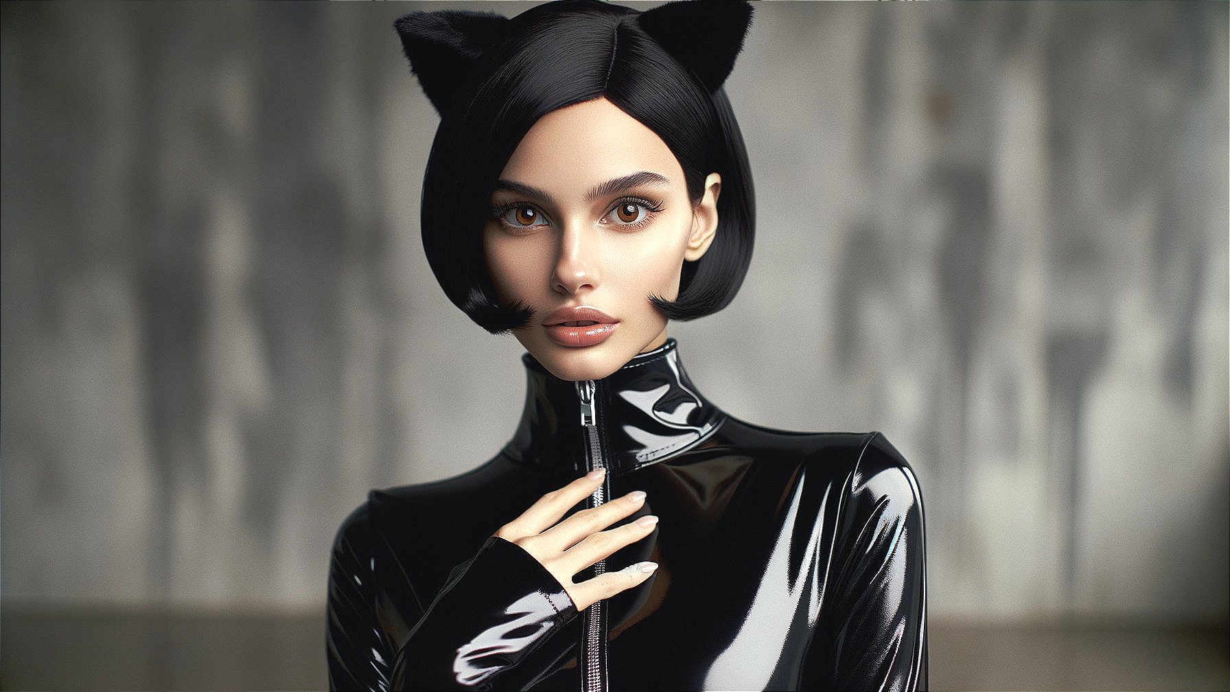 Futuristic Figure with Black Hair and Cat Ears