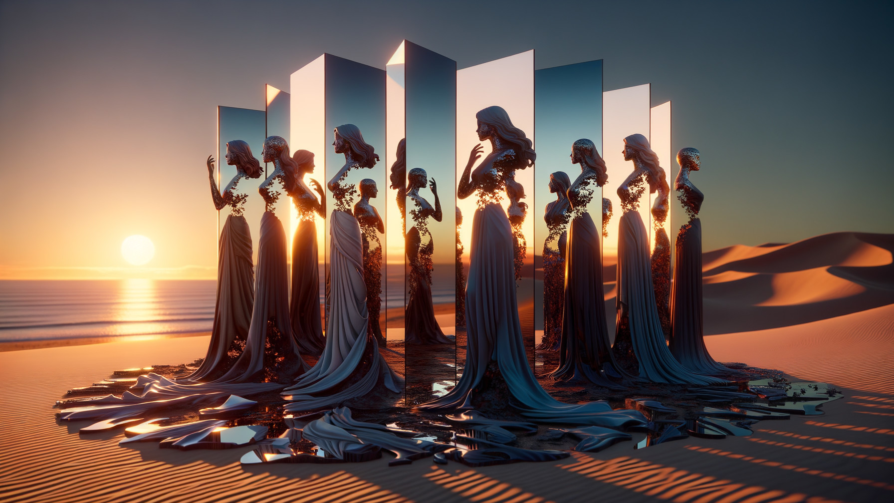 Surreal Desert Landscape with Mirrored Figures at Sunset