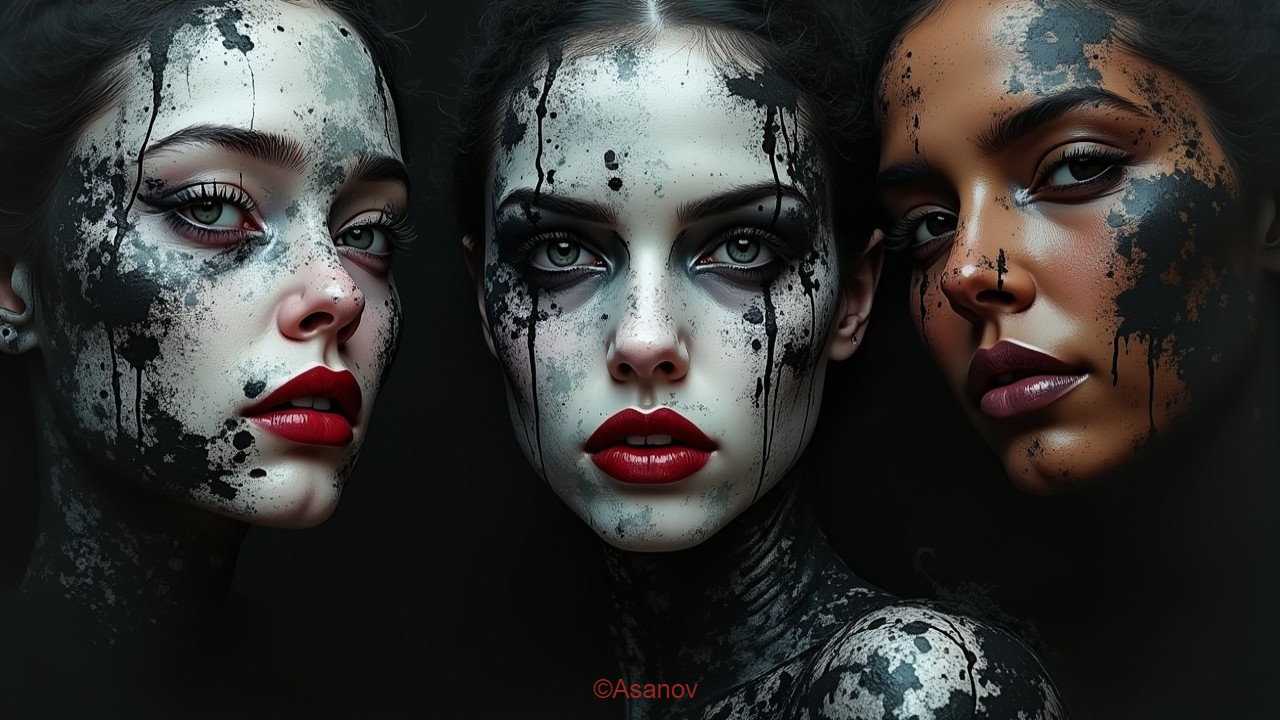 Striking Faces with Black and White Paint on Dark Background