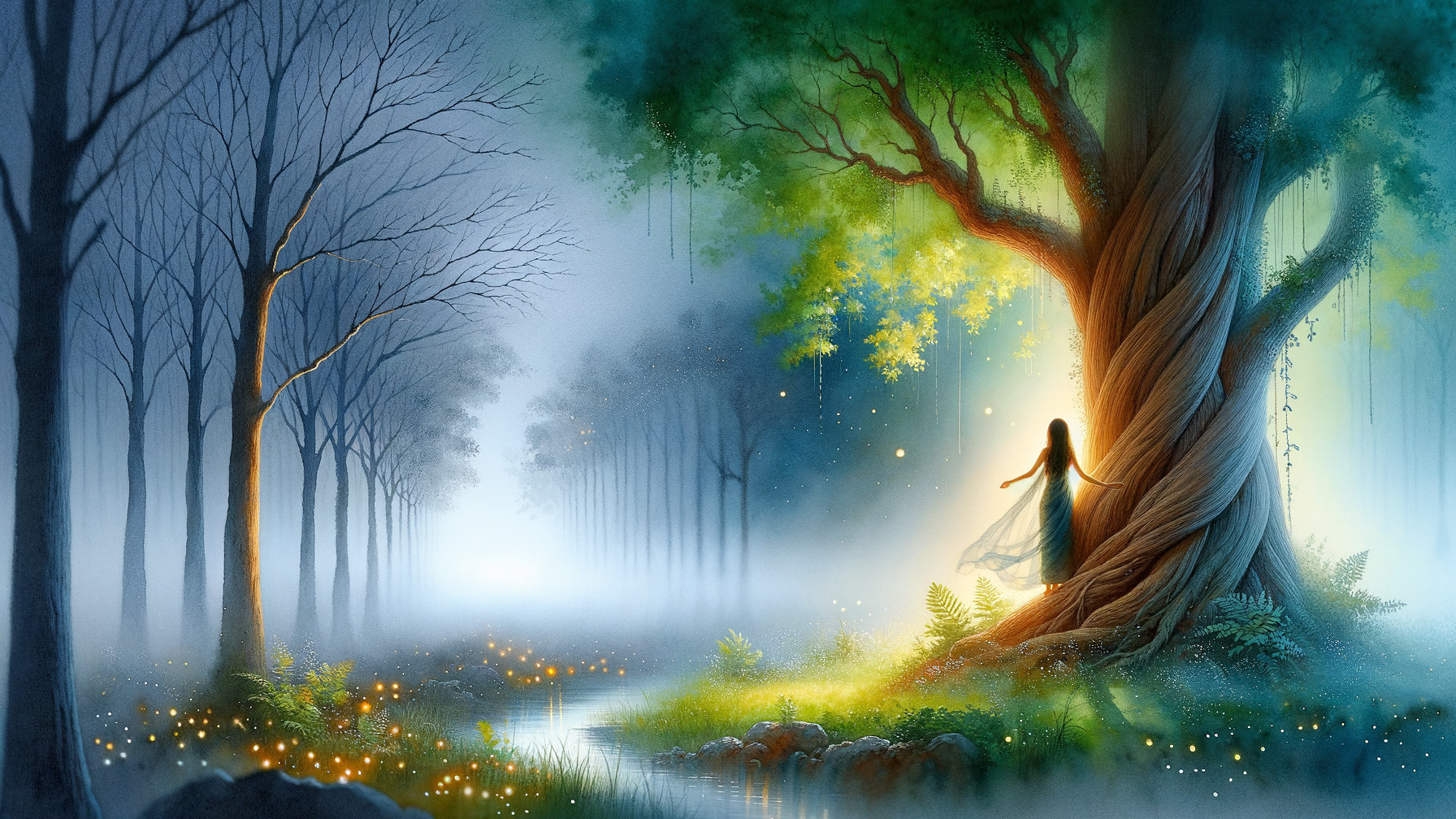 Mystical forest scene with glowing ancient tree
