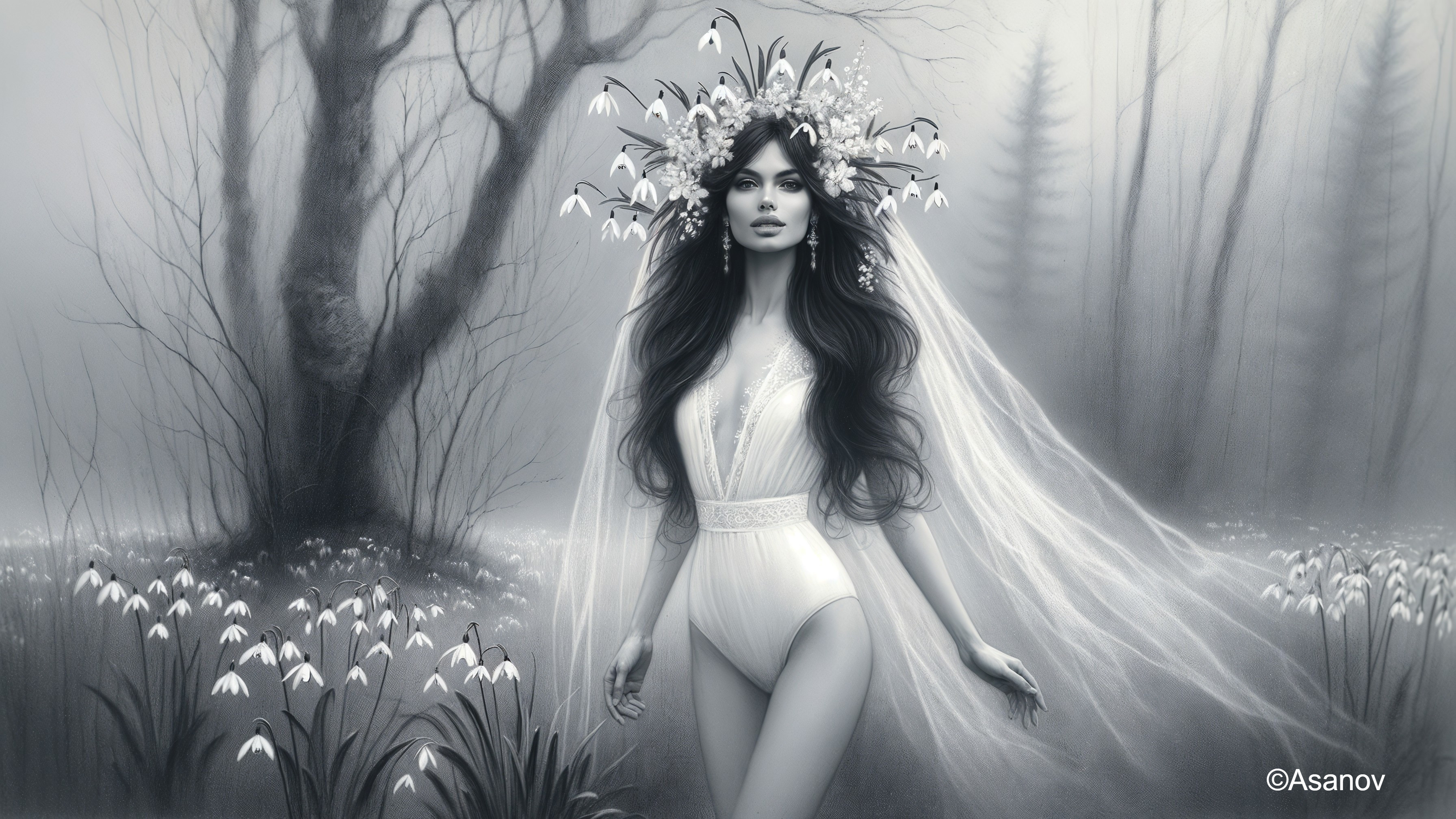 Ethereal Figure in Misty Forest with Floral Crown