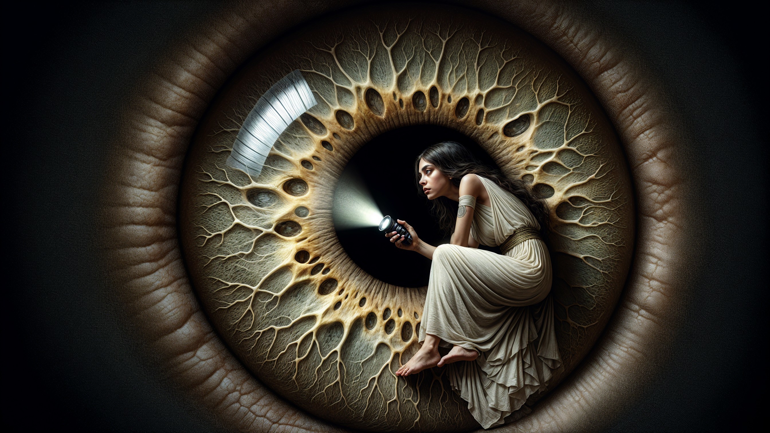 Close-up of a human eye with a woman inside