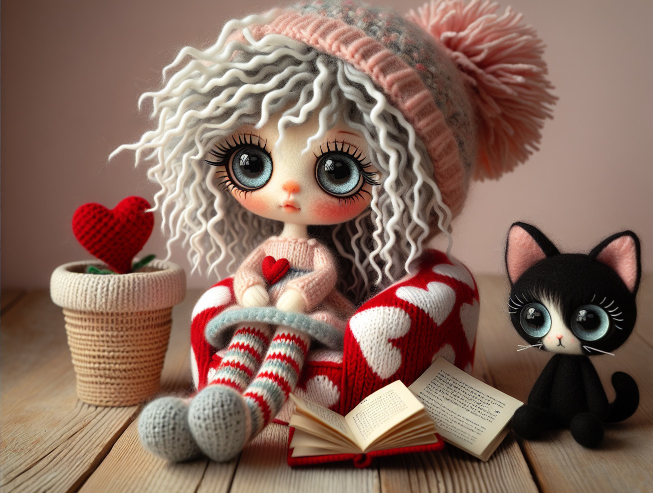 Charming Doll with Curly Hair and Heart-Shaped Object