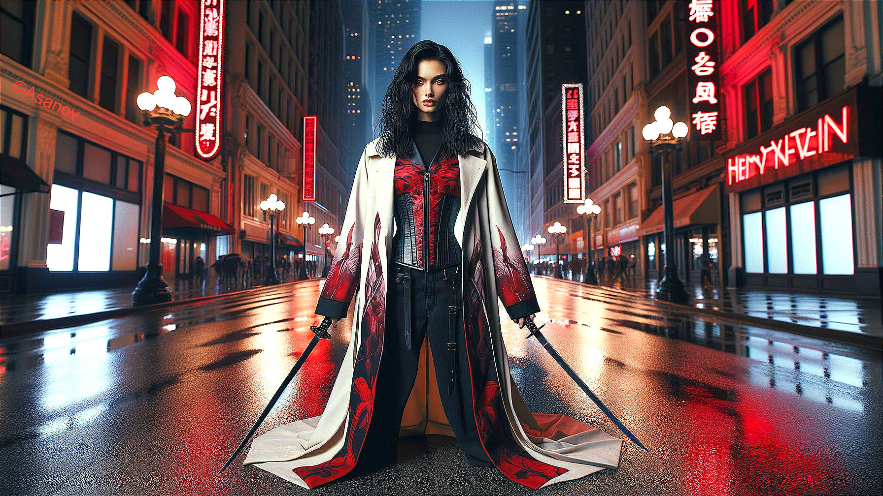Urban Figure in Dramatic Coat with Swords at Night
