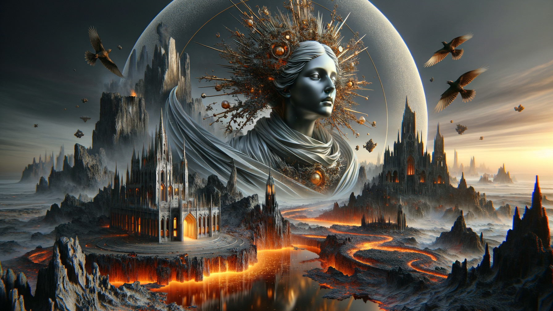 Surreal Landscape with Large Head Sculpture and Lava River