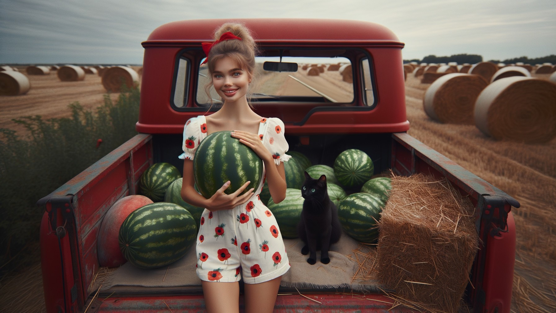 Young Woman with Watermelon in Vintage Truck Scene