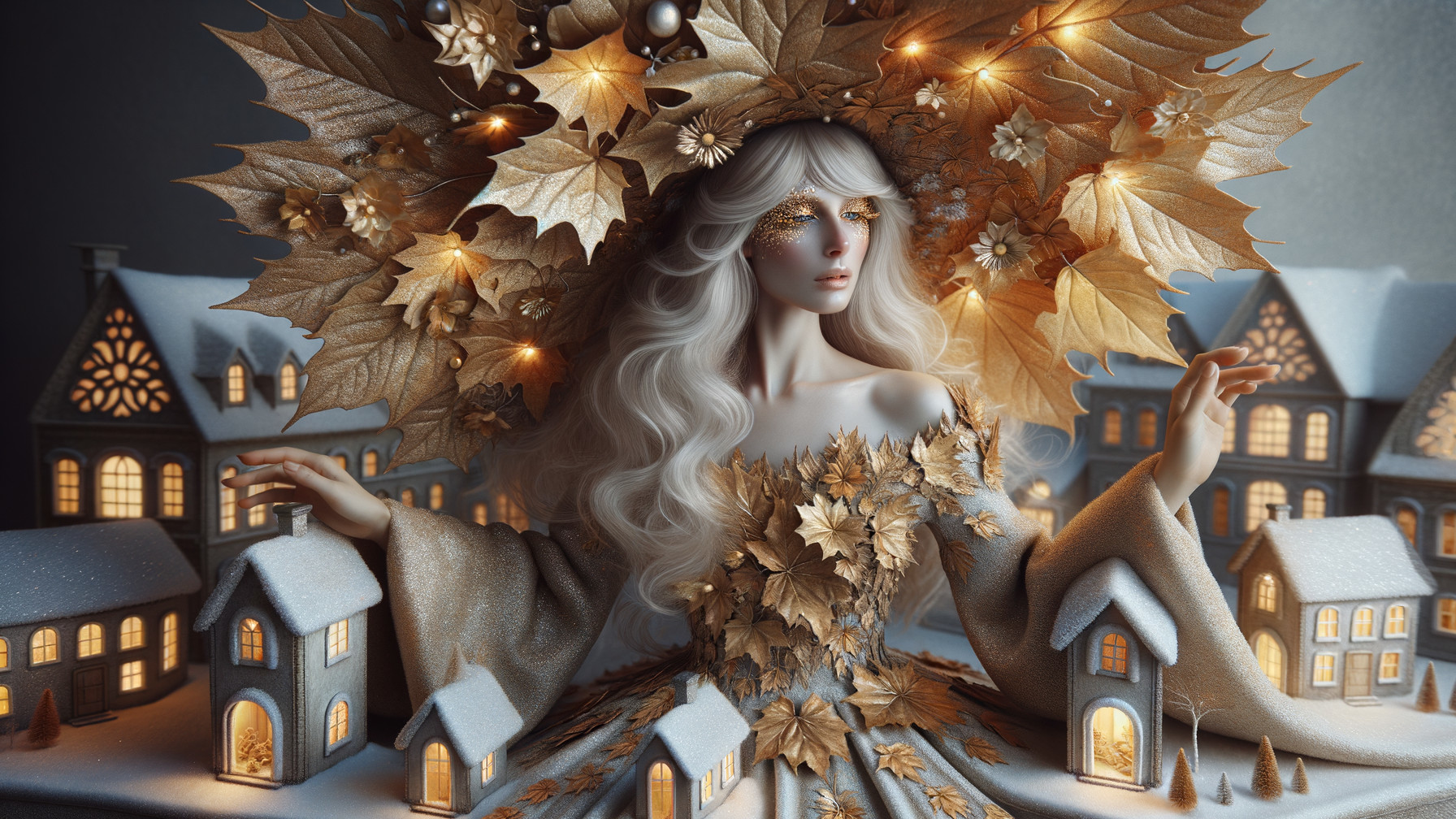 Whimsical Figure in Gown of Golden Leaves in Village