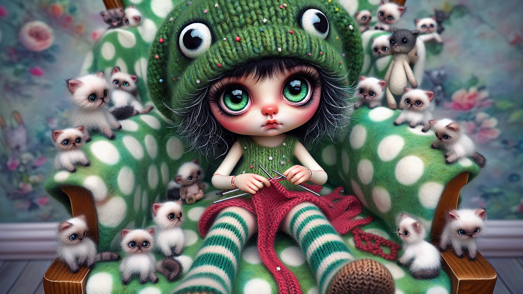 Whimsical Scene of a Girl Knitting with Kittens