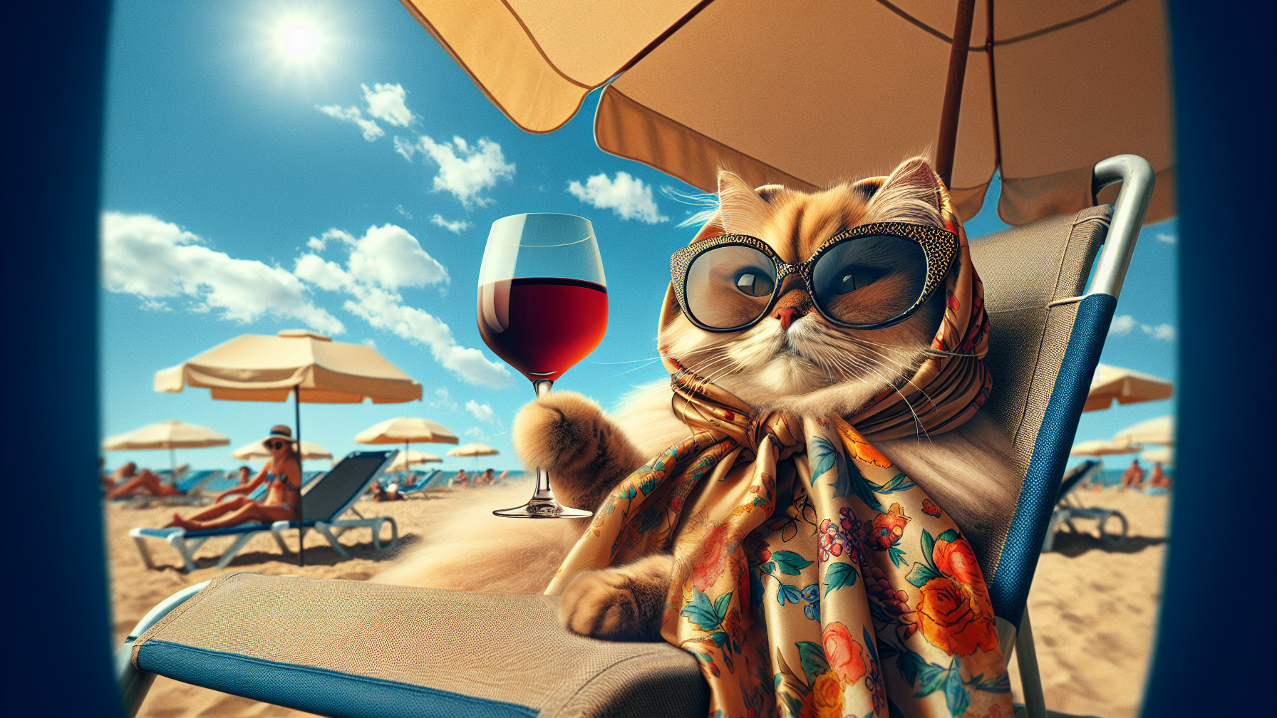 Stylish Cat Relaxing on Beach Chair with Wine