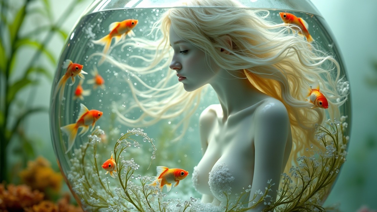Young Woman in Fishbowl with Goldfish and Aquatic Plants