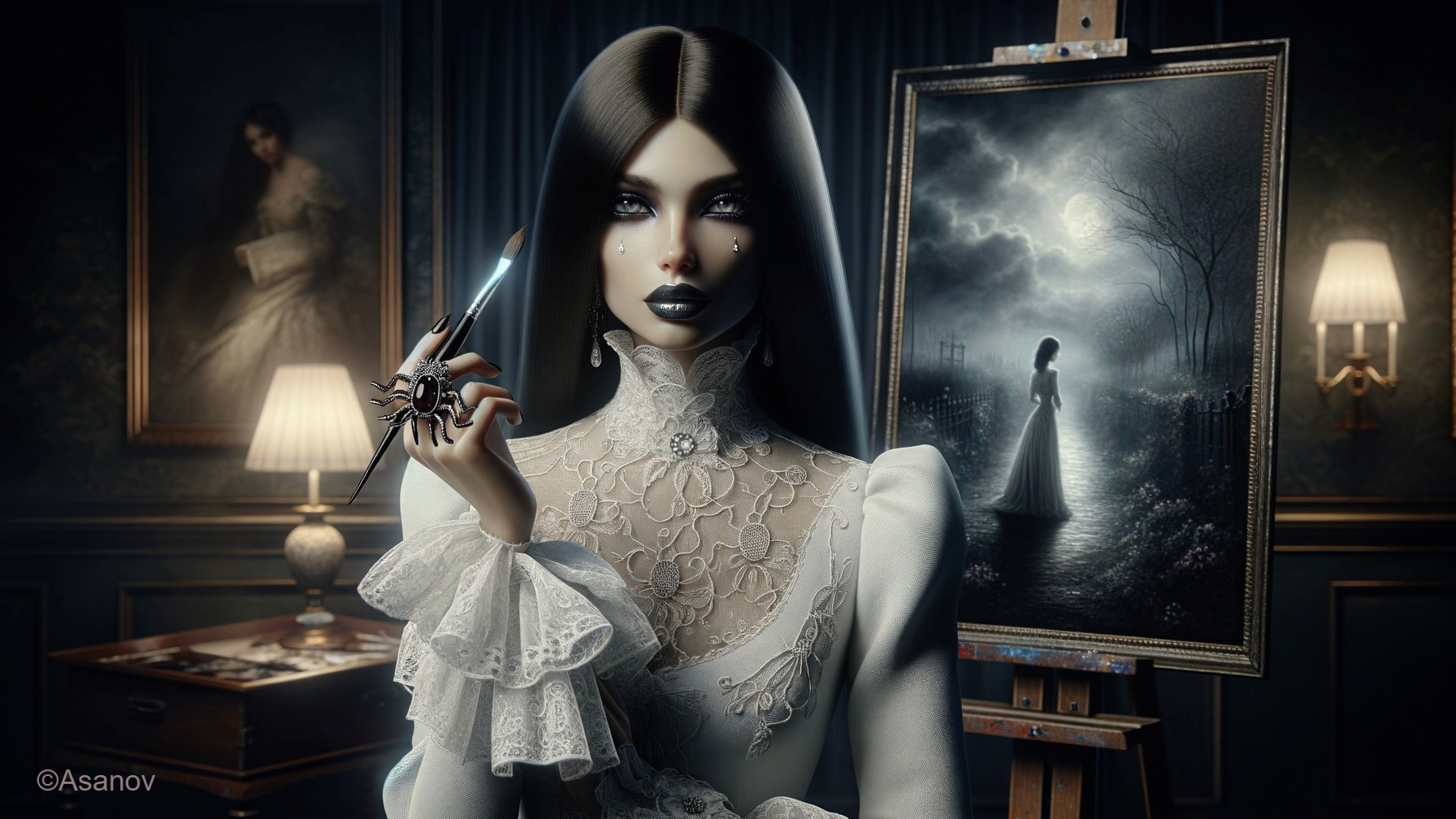 Elegant figure in white gown with ghostly painting backdrop