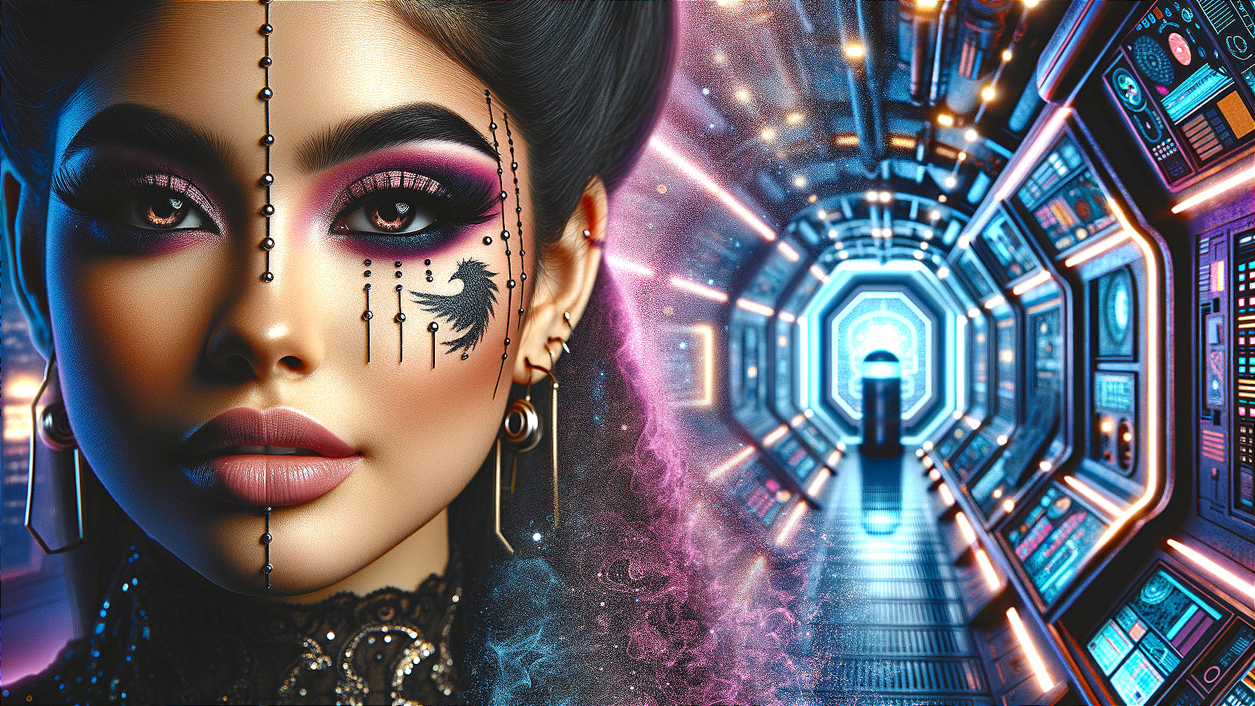 Portrait of a Woman with Dramatic Makeup and Sci-Fi Elements