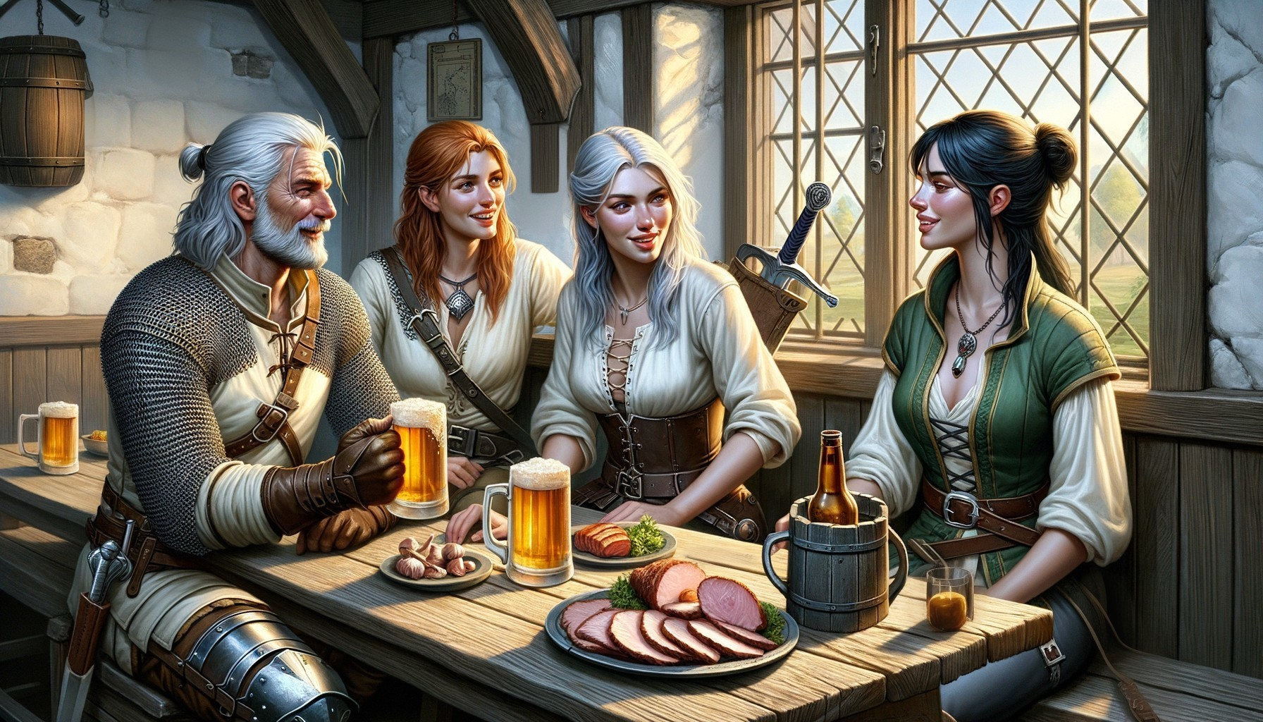 Cozy Tavern Scene with Characters Sharing a Meal
