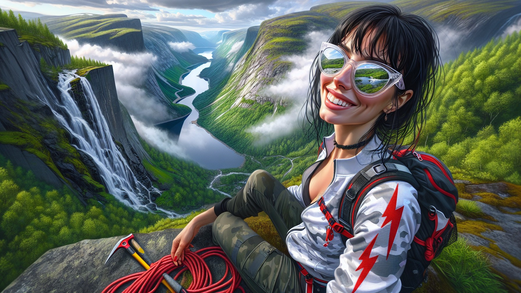 Woman on Rocky Ledge Overlooking Scenic Waterfalls