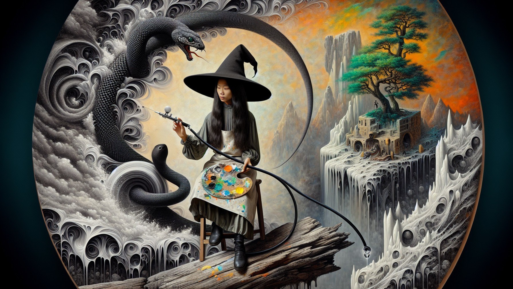 Mystical Scene with Girl, Snake, and Castle Landscape