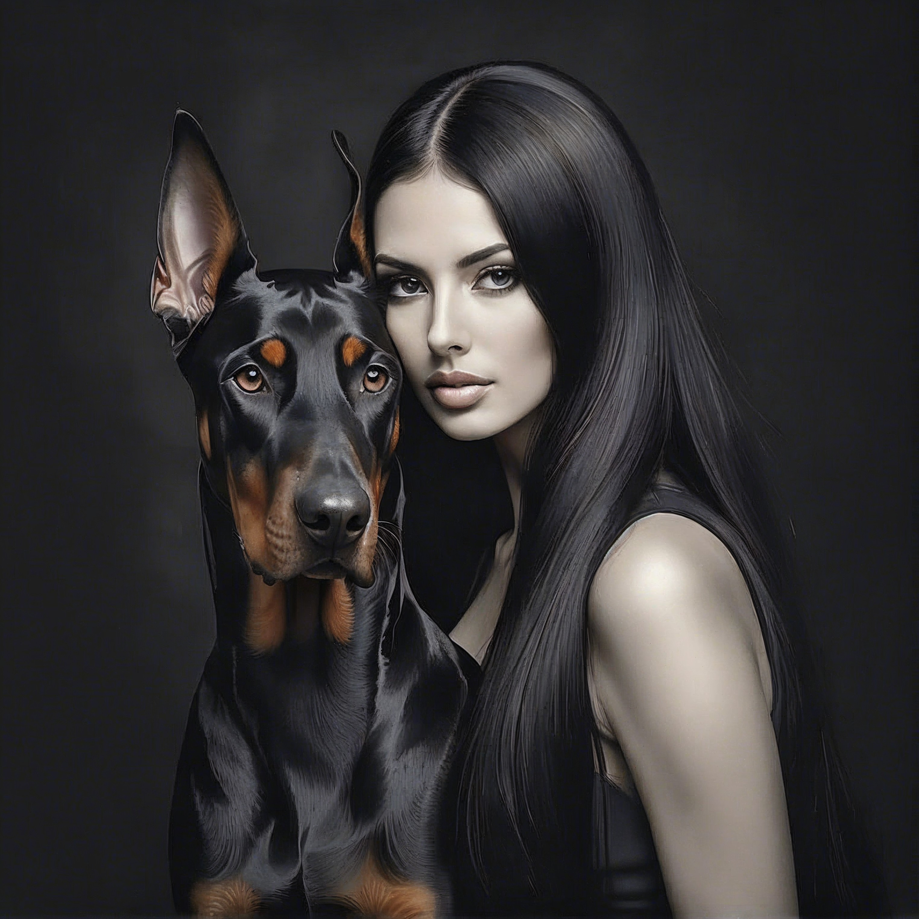 Woman with Black Hair and Doberman in Dramatic Setting