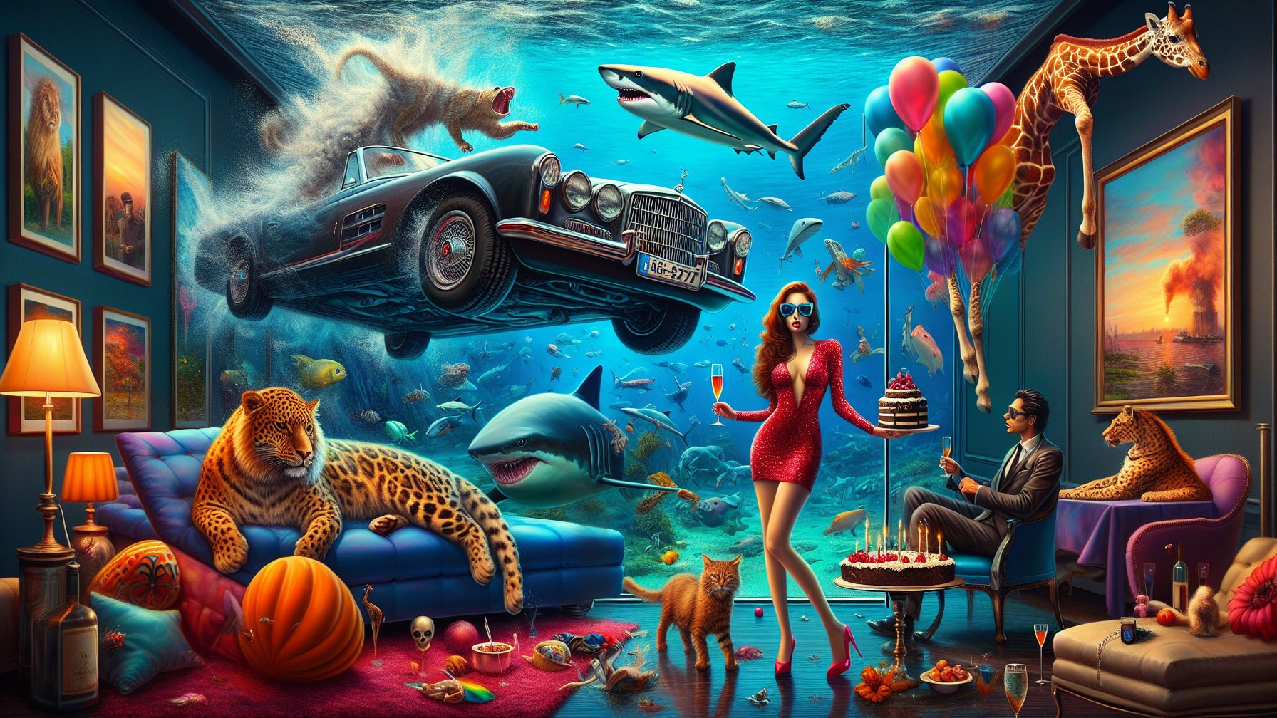 Surreal Underwater Living Room with Marine Life and Animals