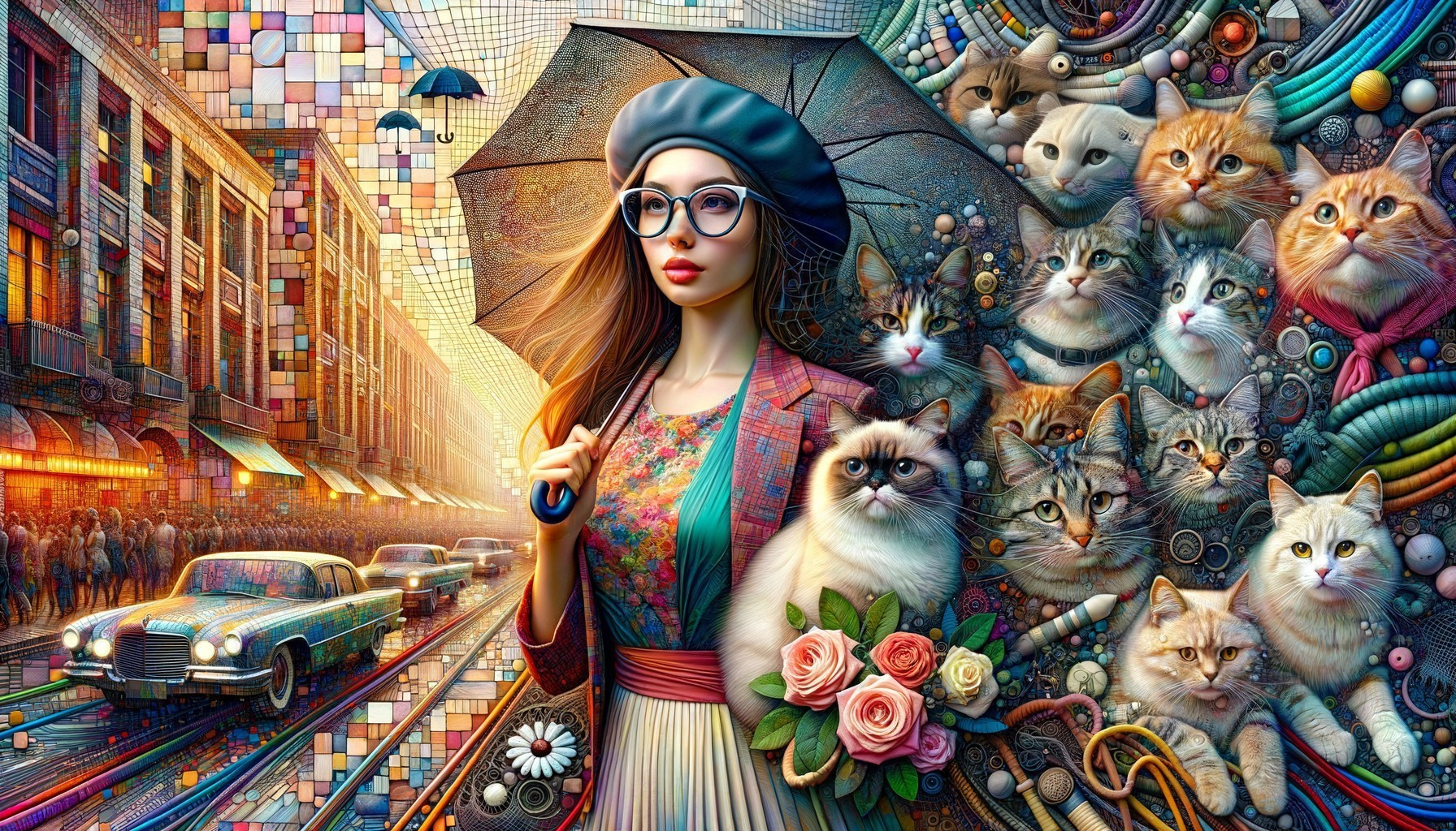 Whimsical Cityscape: The Cat Lady's Umbrella