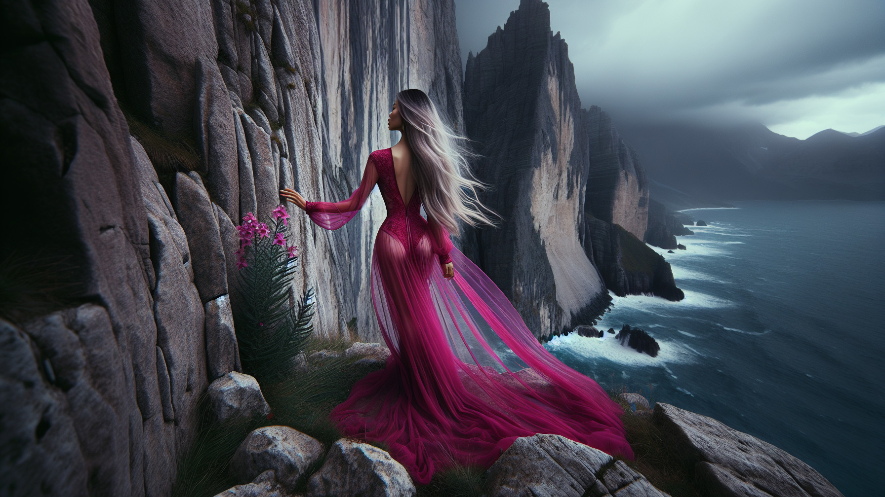 Figure in Pink Gown on Rocky Cliff by Coastline