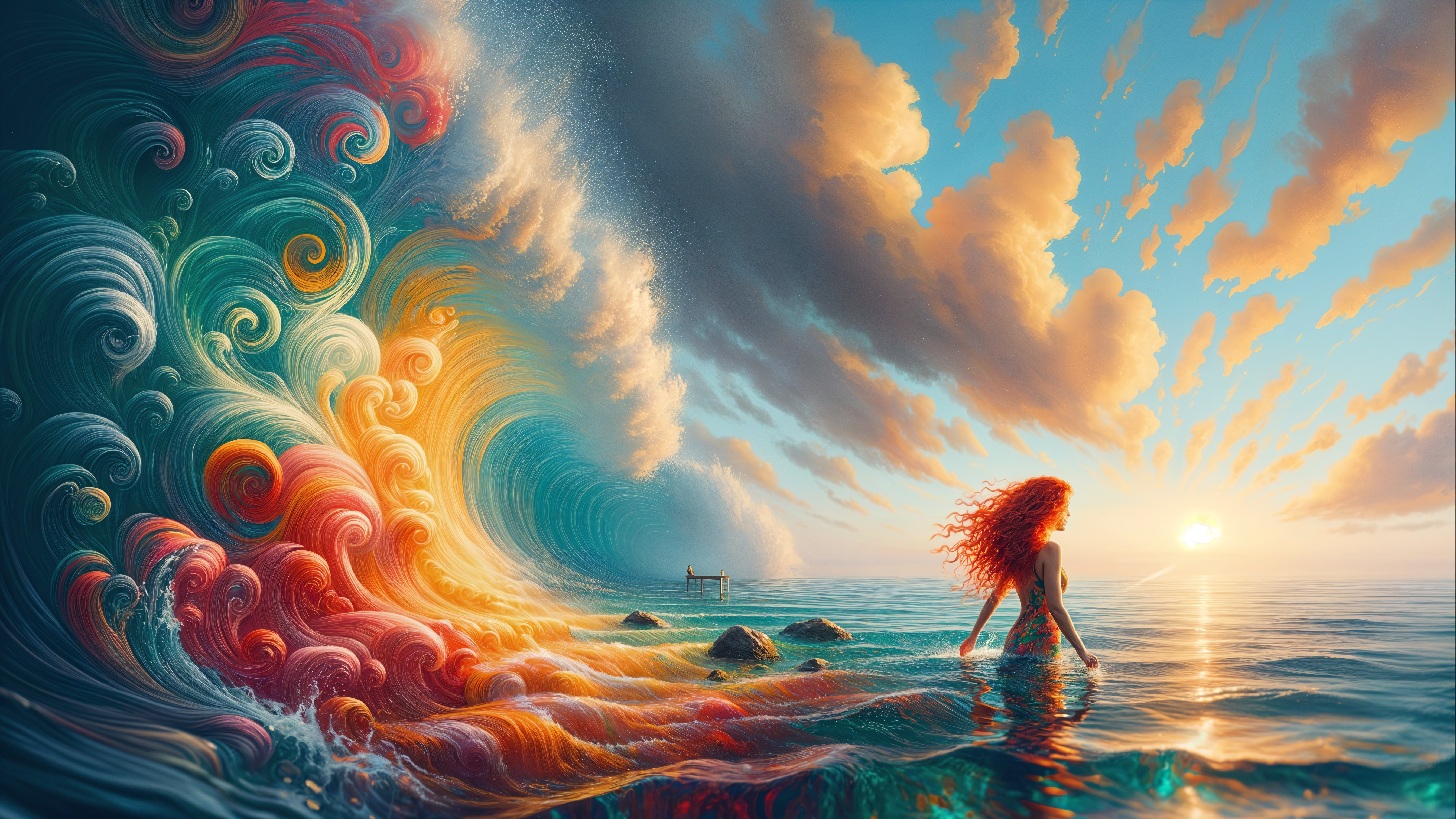 Woman with Red Hair in Sunset by Colorful Wave