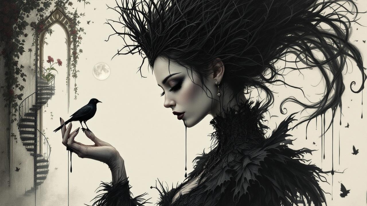 Dramatic Woman with Spiky Hair and Black Bird