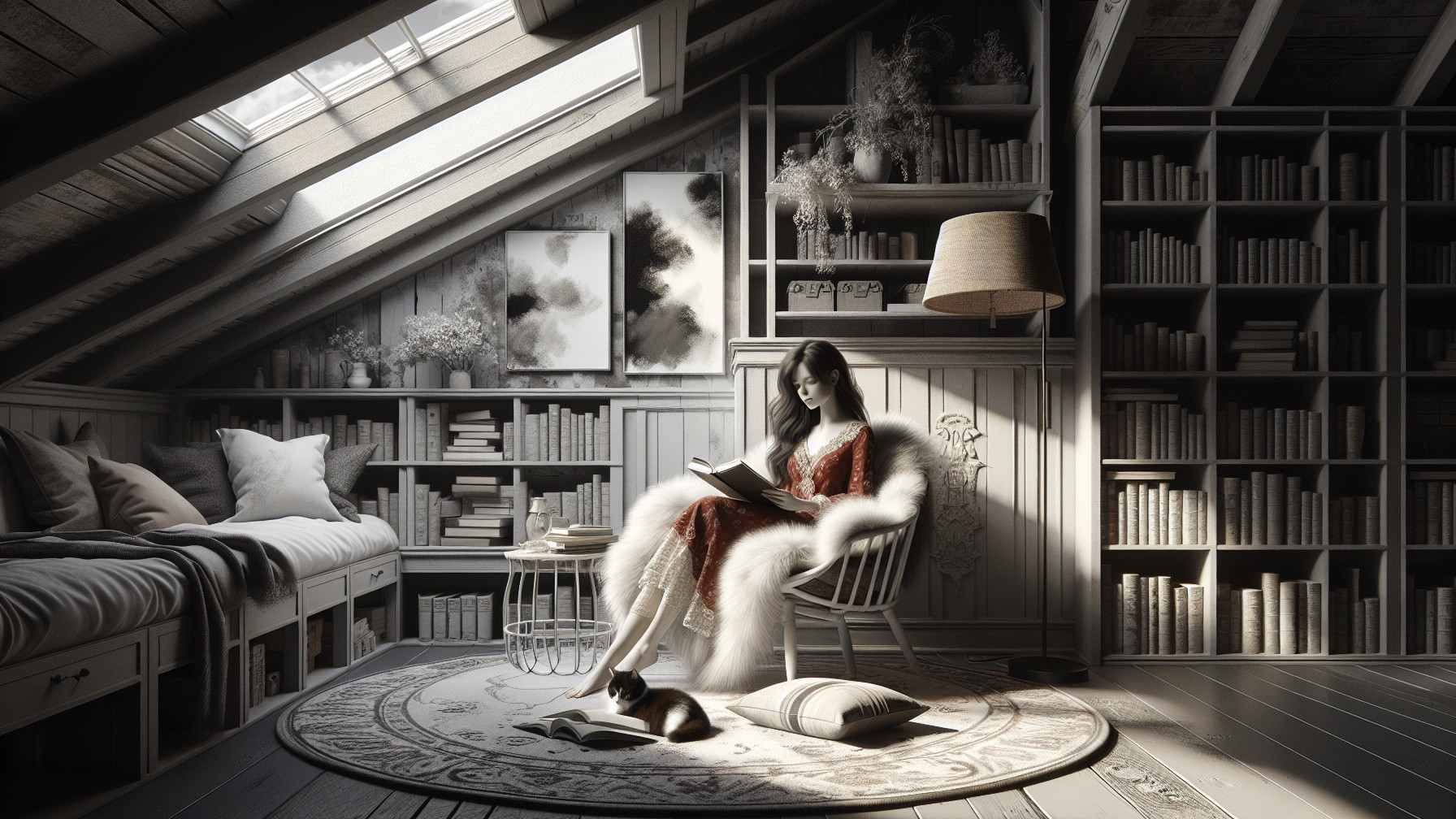 Cozy attic reading nook with sunlight and a cat