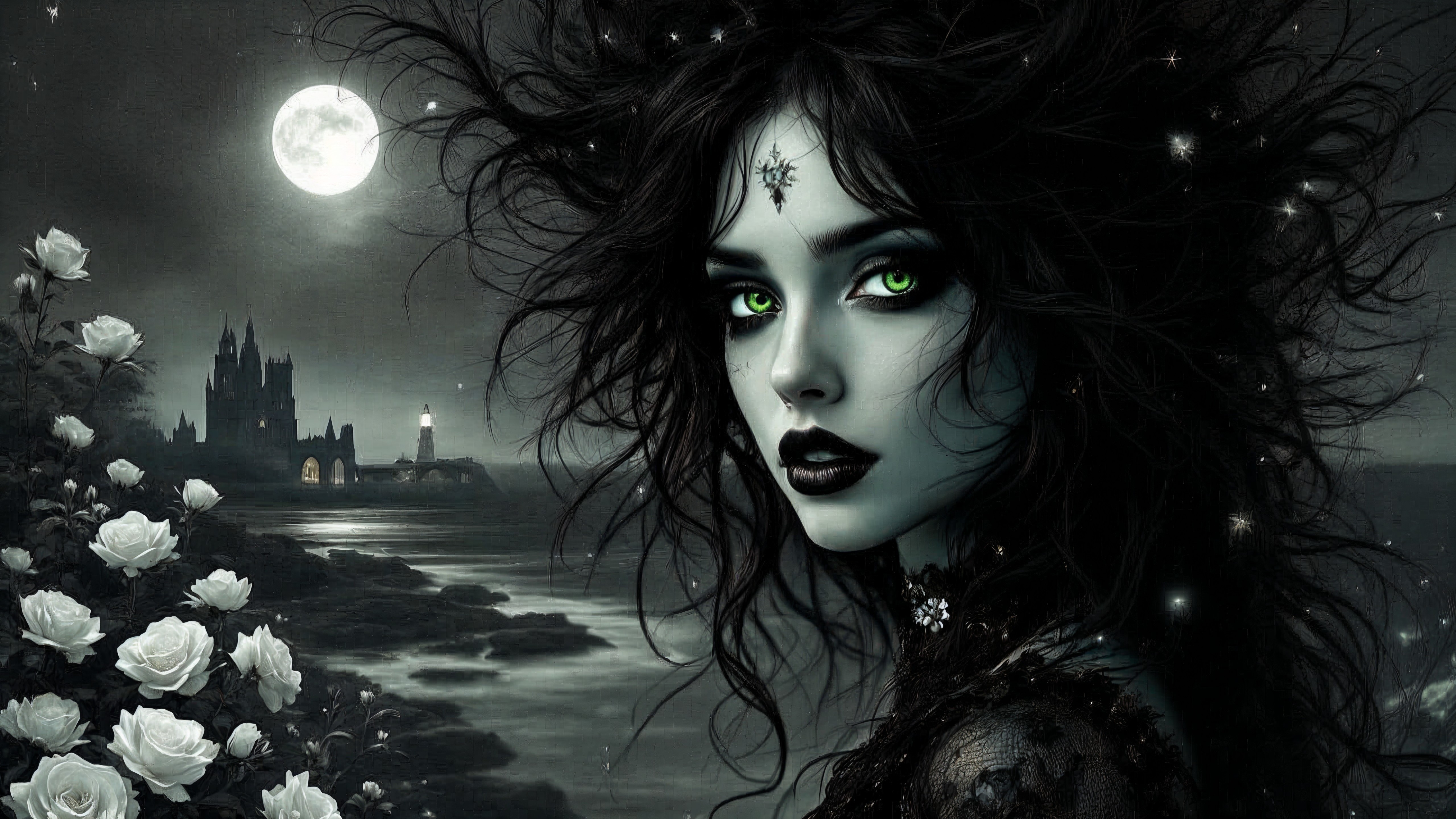 Haunting Figure in Dark Mystical Landscape with Roses