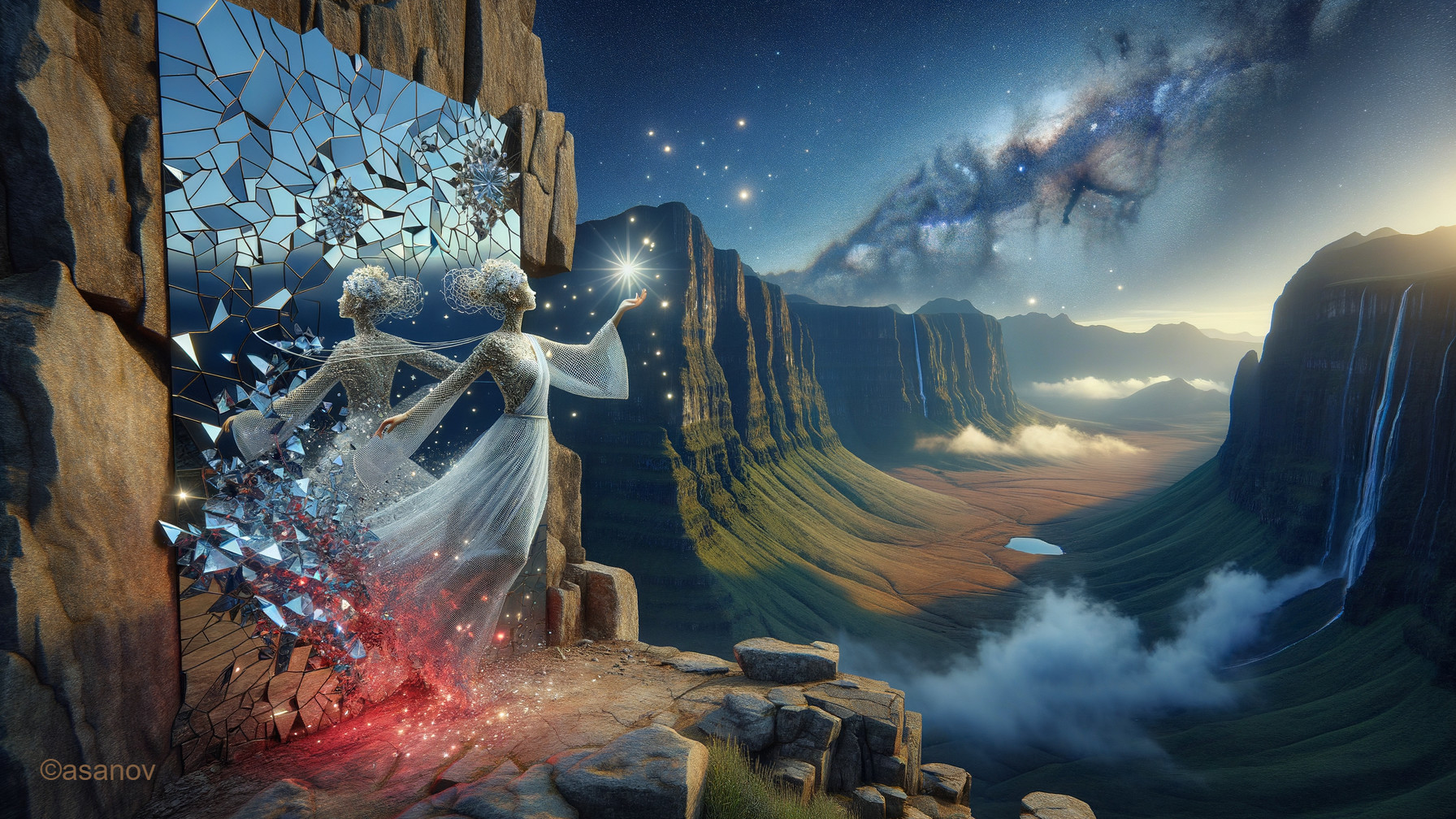 Surreal Landscape with Shattered Mirror and Ethereal Figures