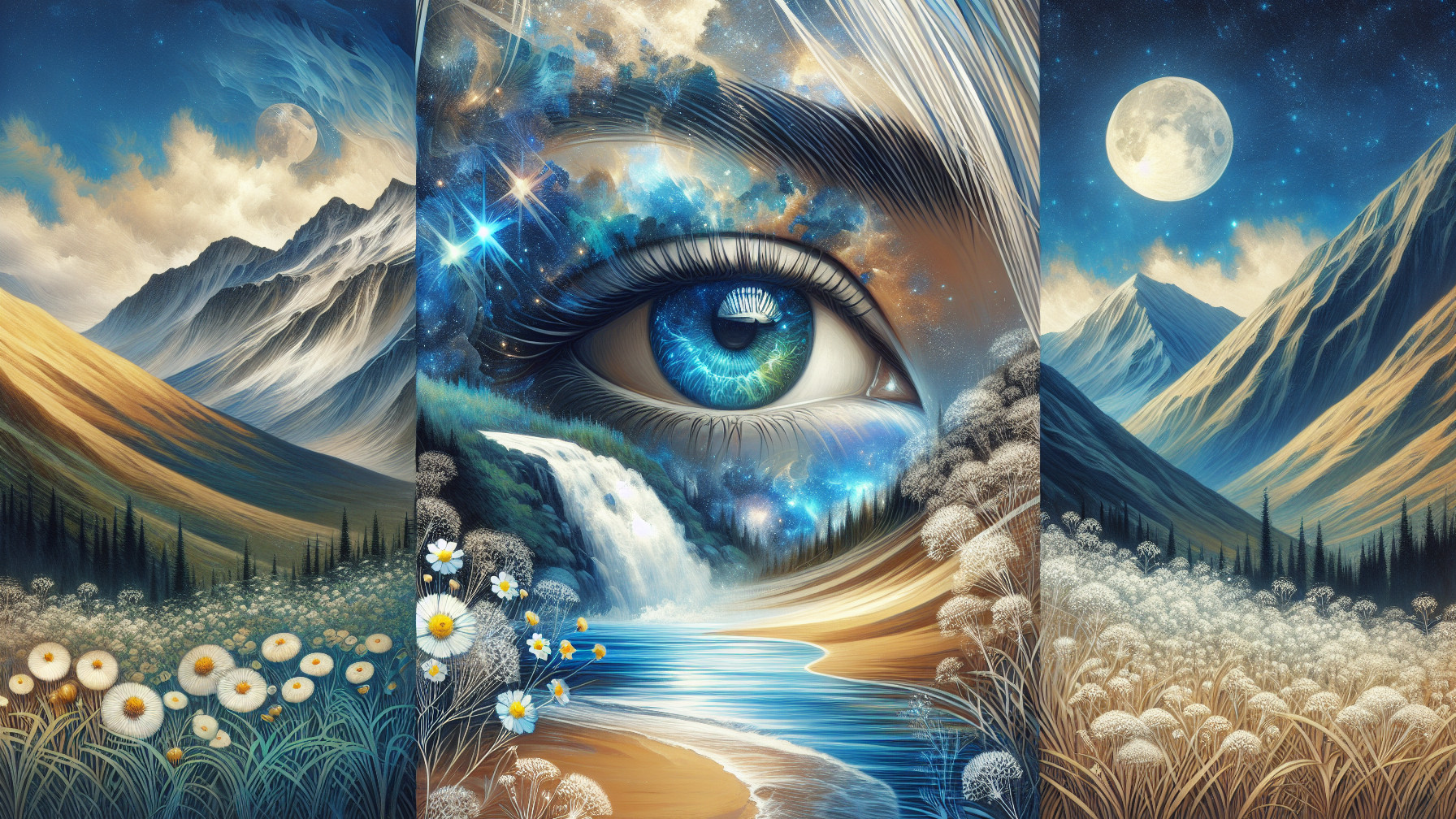 Surreal Landscape with Cosmic Eye and Mountains