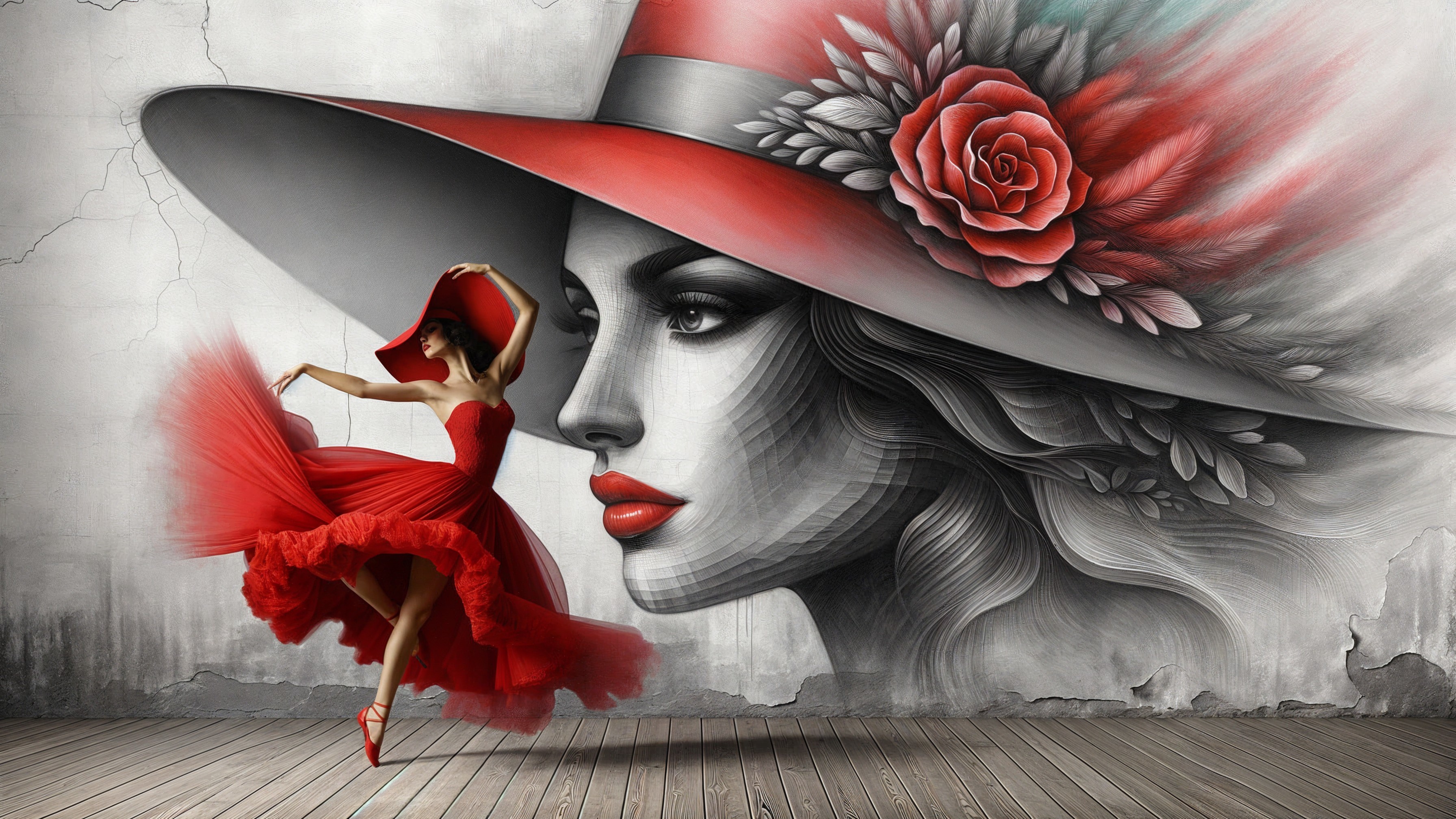 Dancer in Red Dress Against Elegant Mural Background