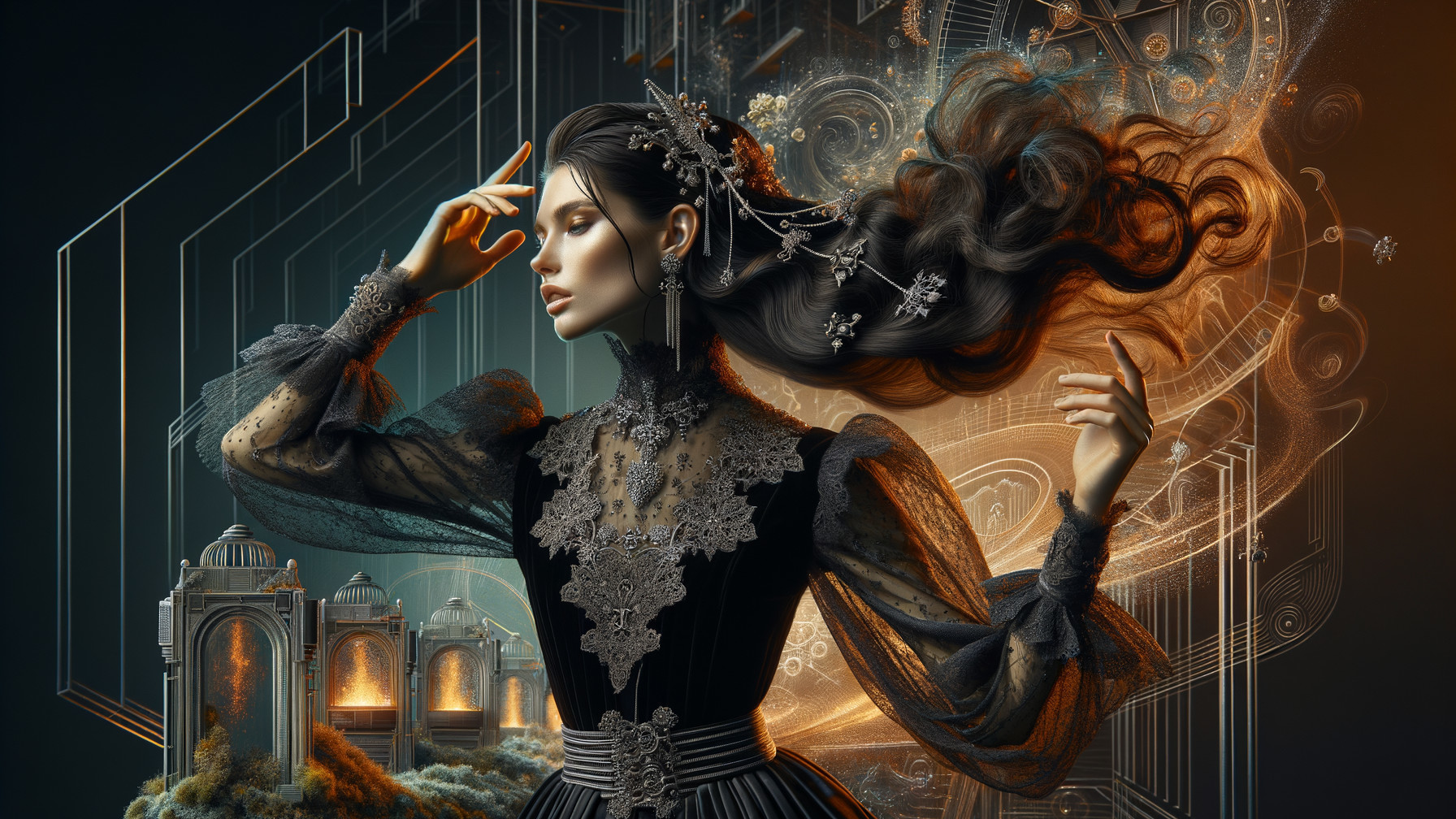 Elegant figure in black gown with surreal backdrop