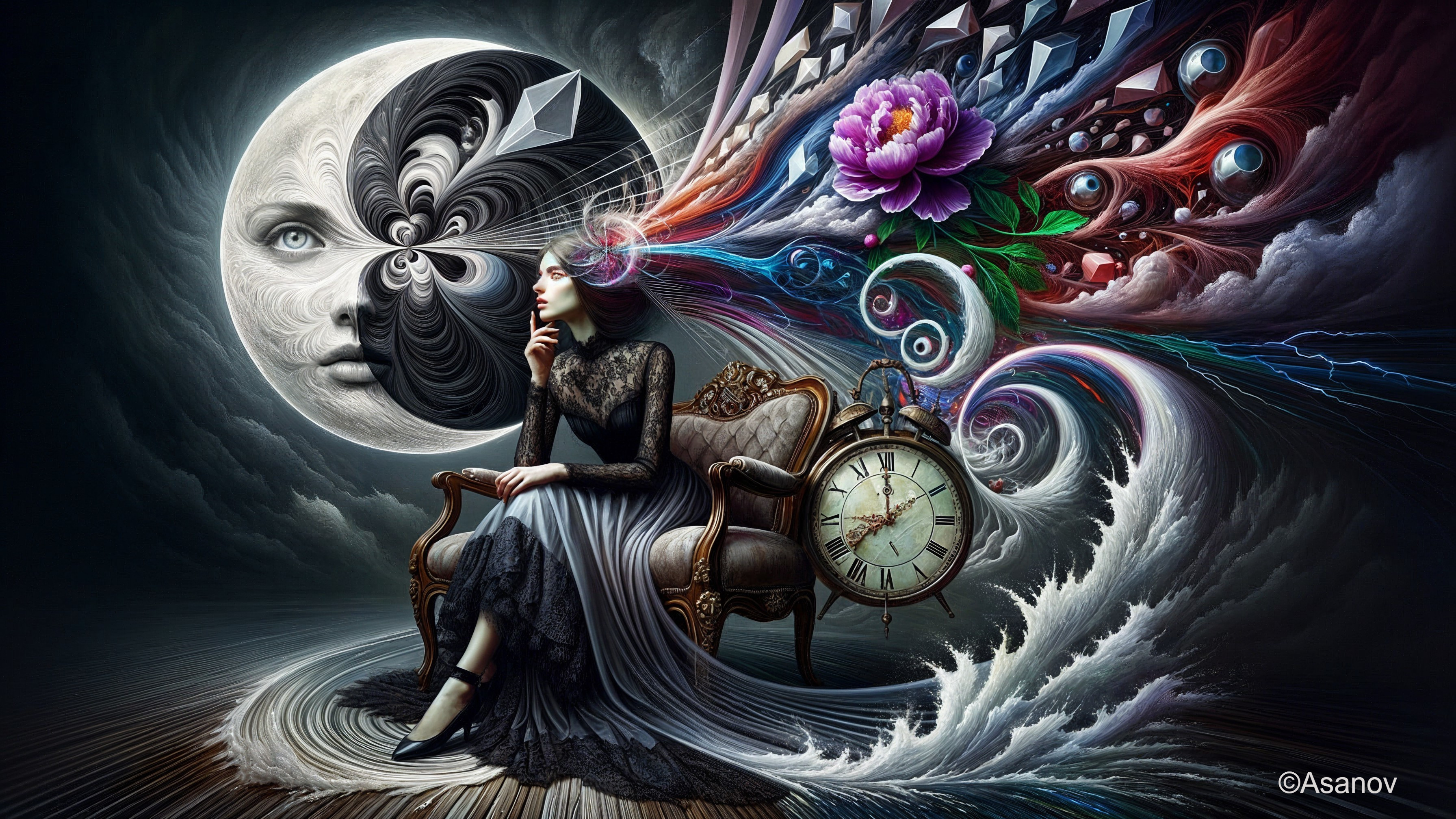 Surreal Artwork of Woman in Moonlit Contemplation