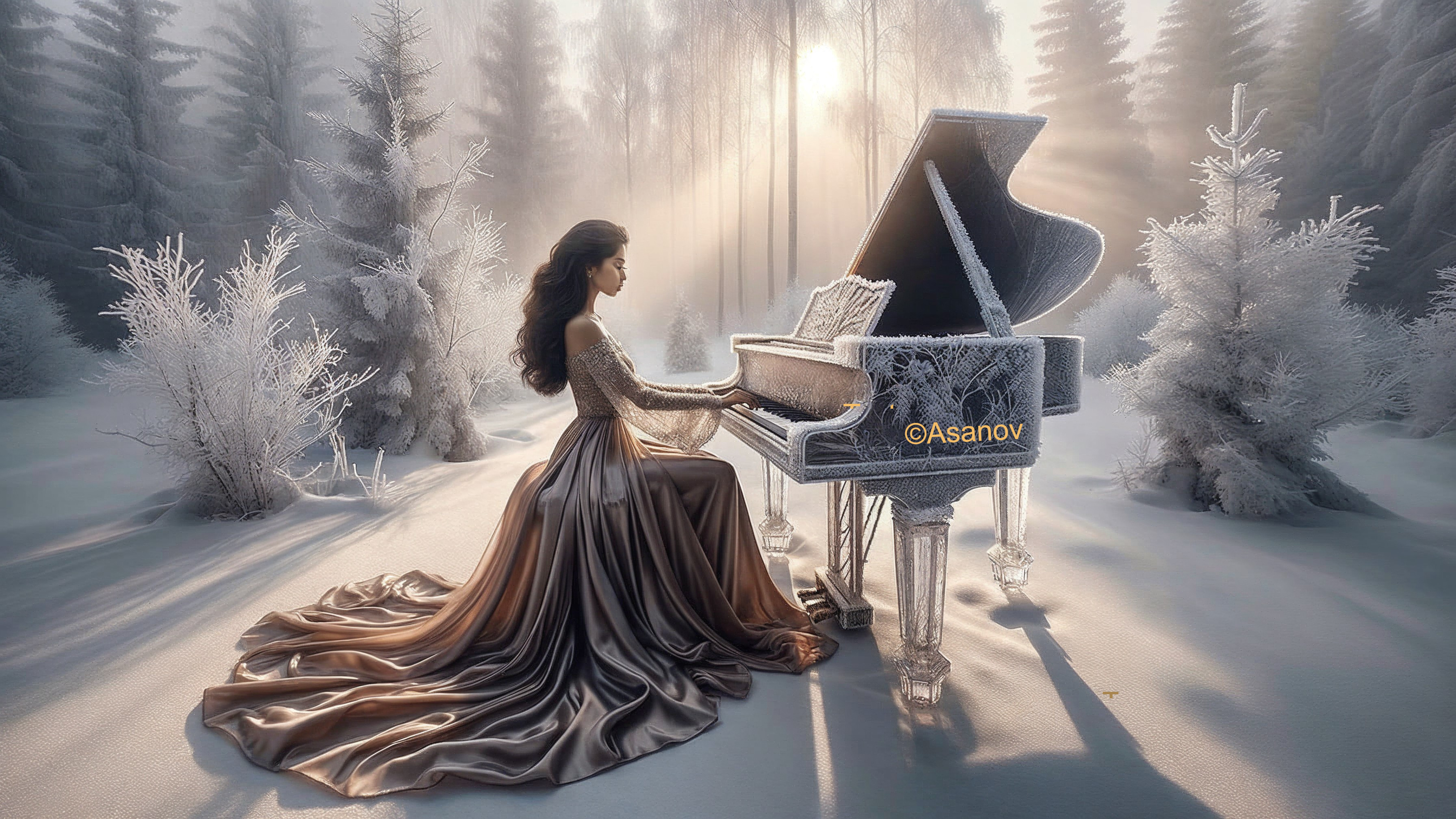 Winter Scene with Woman at Grand Piano in Forest