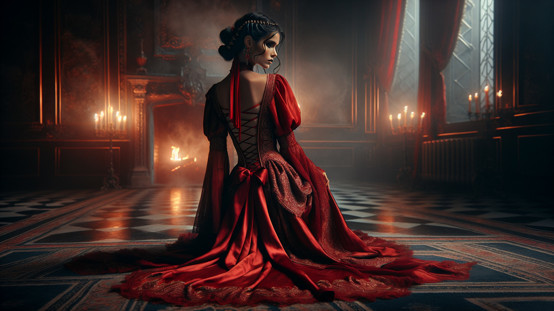 Young Woman in Red Gown in Opulent Dimly Lit Chamber
