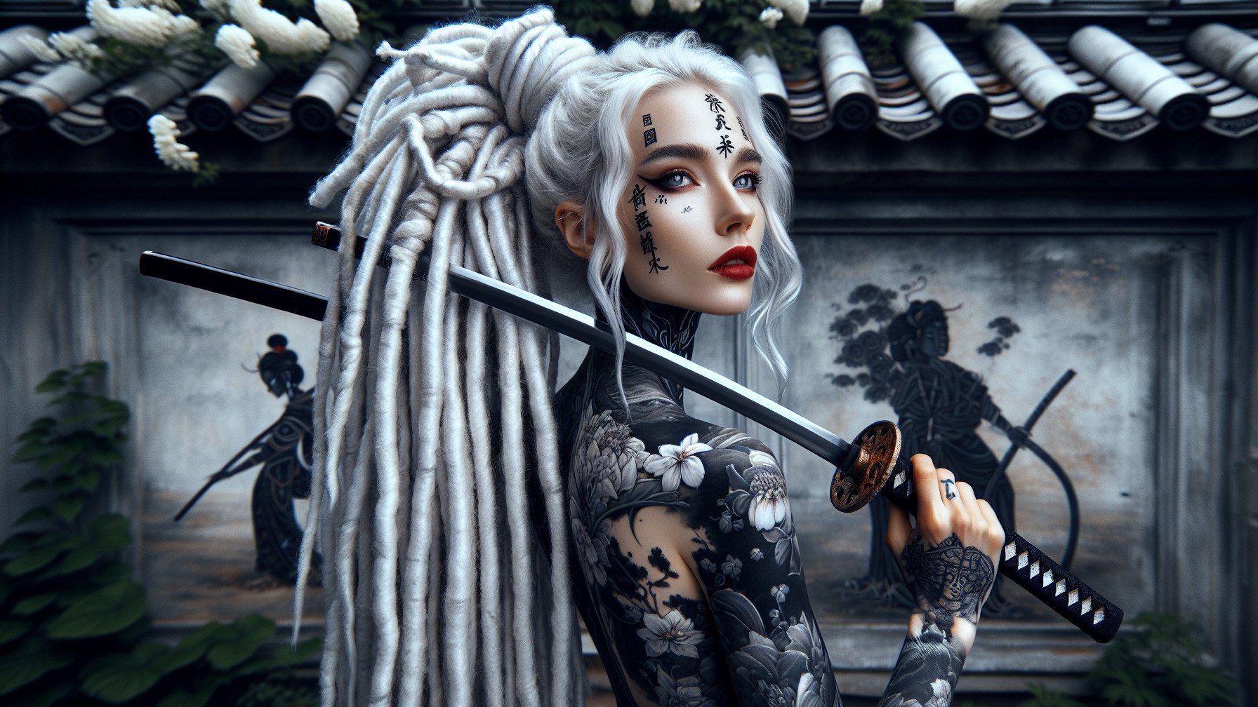 Figure with Tattoos and Katana in Asian Motif Background