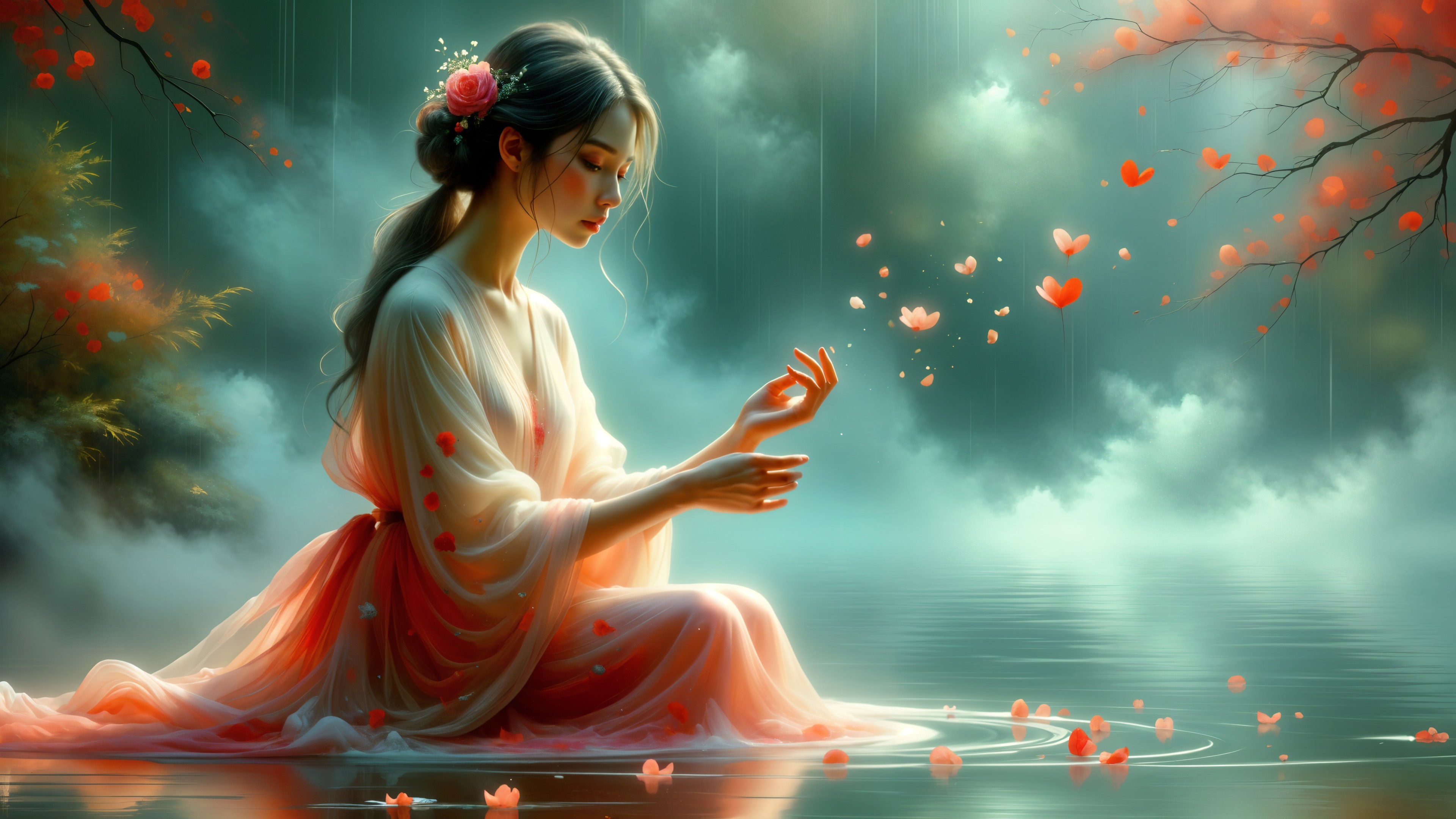 Young woman by tranquil pond in misty landscape