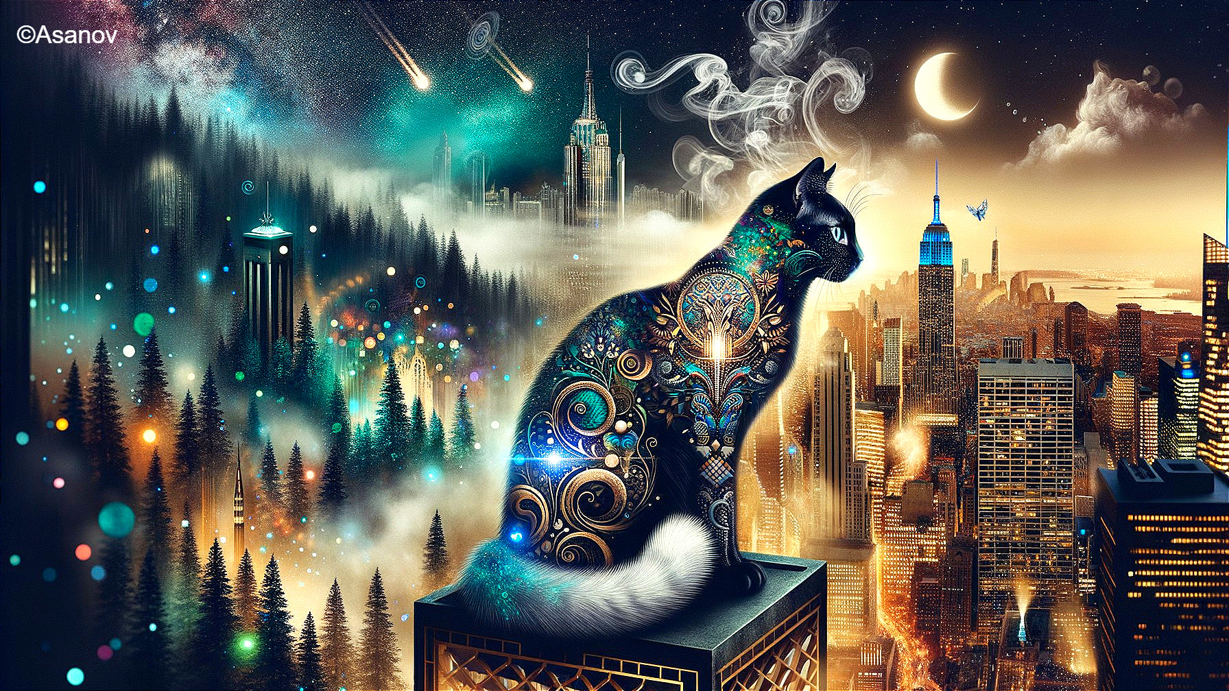 Majestic Cat on Skyscraper with Cosmic Background