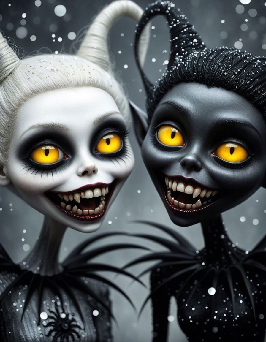 Stylized dolls with gothic attire in snowy setting