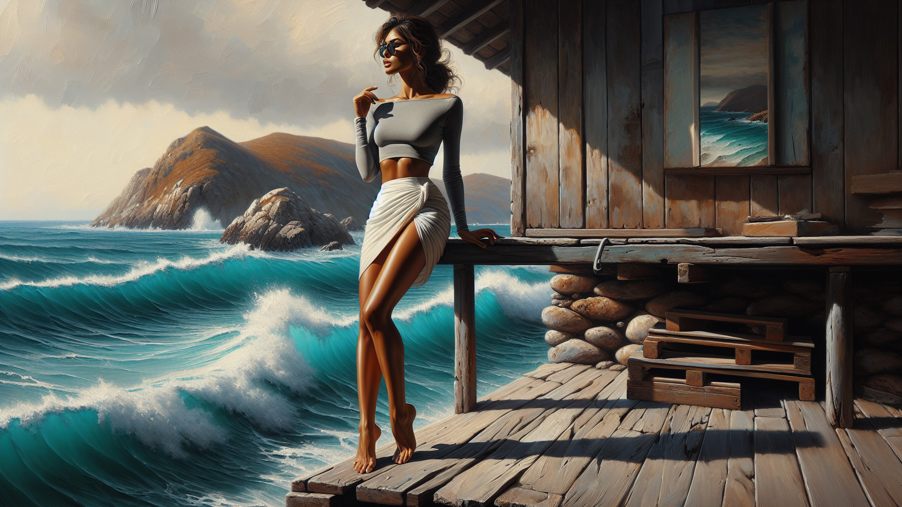 Woman on Deck with Ocean Waves and Rustic Cabin