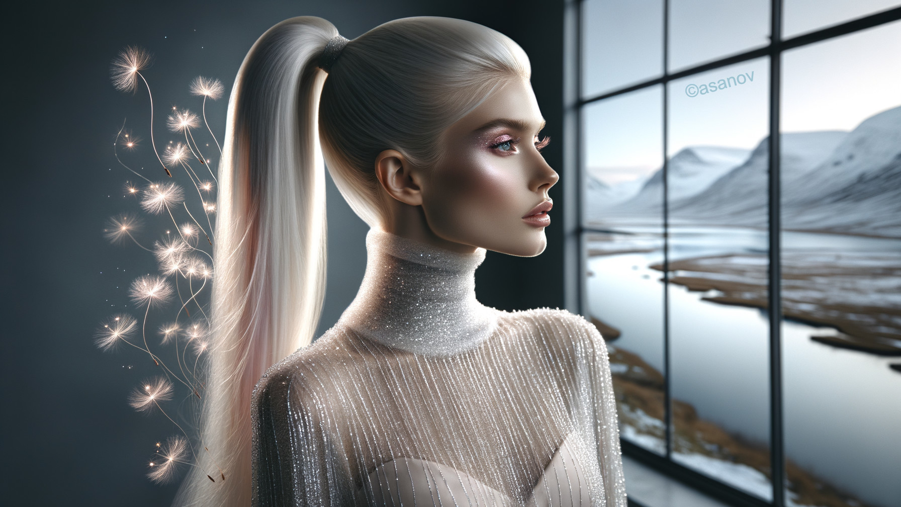 Stunning Woman in Silver Top Against Serene Landscape