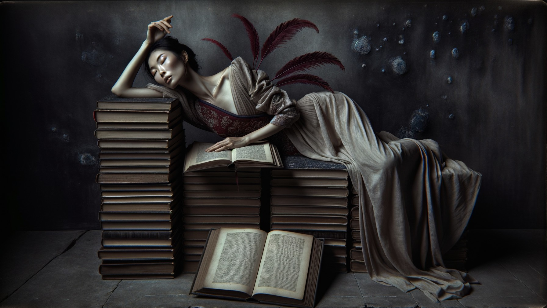 Serene Figure on Antique Books with Vibrant Feathers