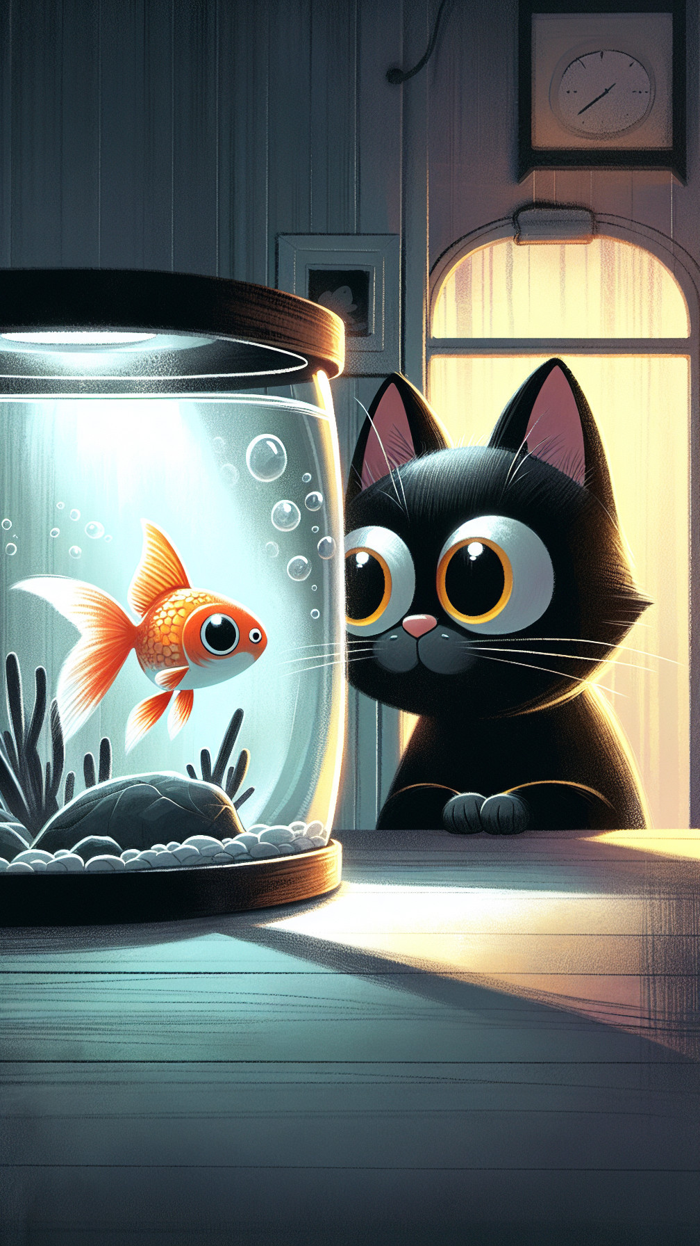 Black Cat Observes Goldfish in Cozy Room Setting