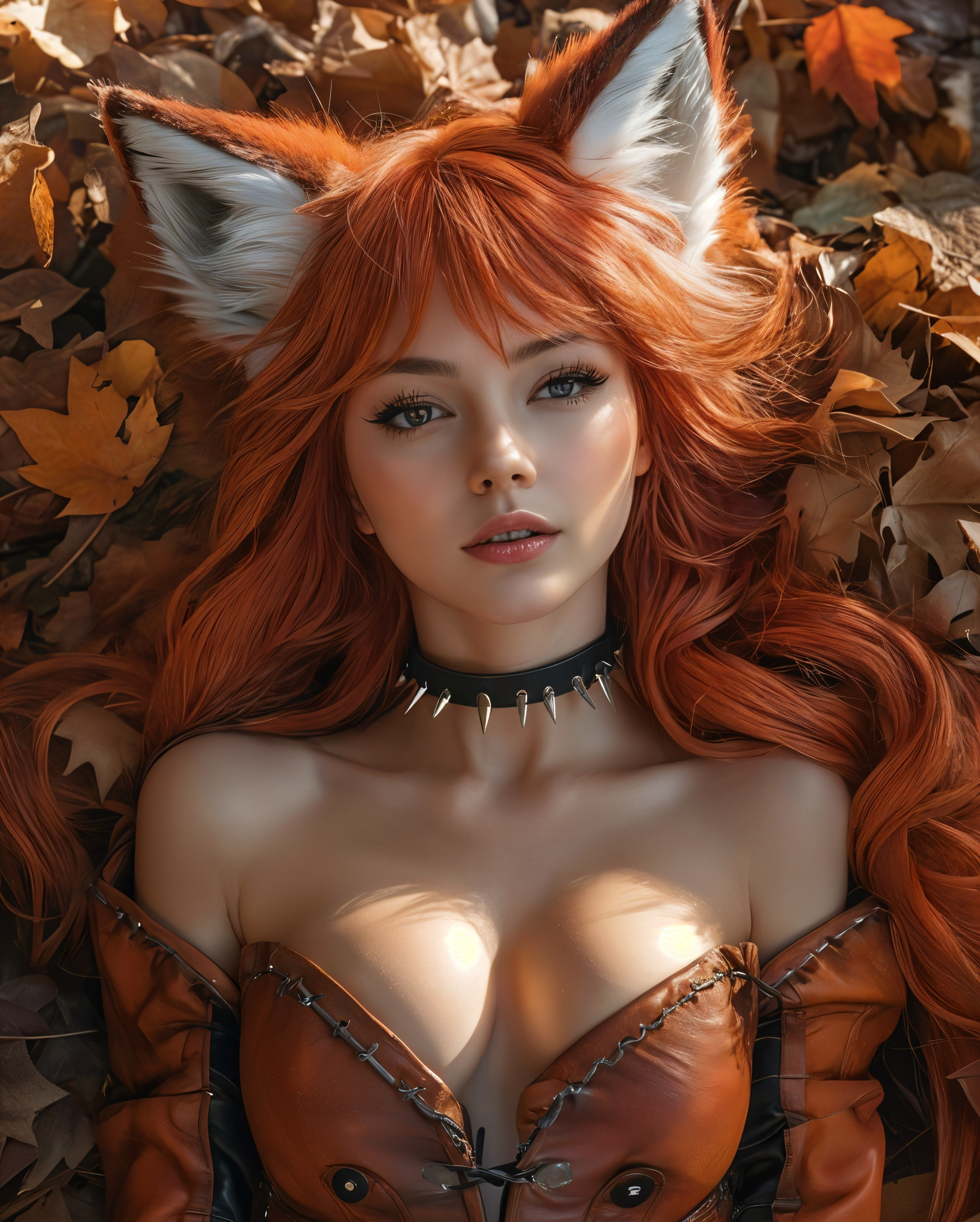 Young woman with orange hair and fox ears in leaves