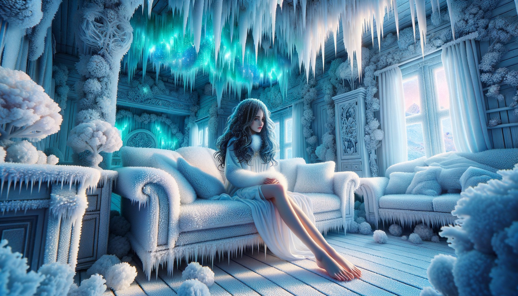 Mystical Frosty Room with Serene Woman in White Gown