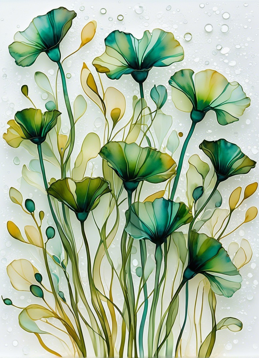 Translucent flowers with teal and green petals arrangement