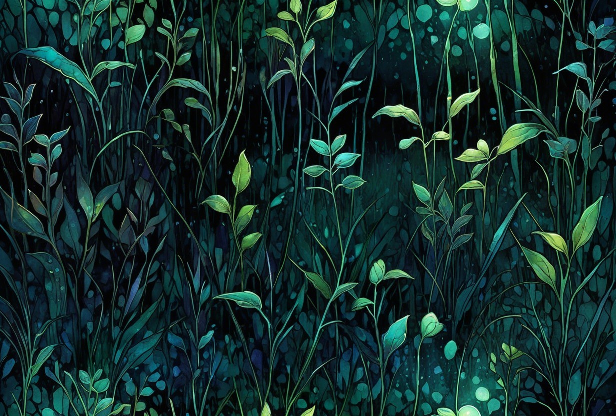 Lush Dark-Colored Botanical Illustration with Green Tones