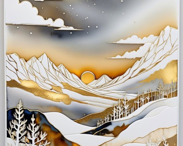 Detailed Landscape Artwork with Mountains and Trees