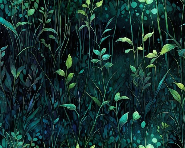 Lush Dark-Colored Botanical Illustration with Green Tones