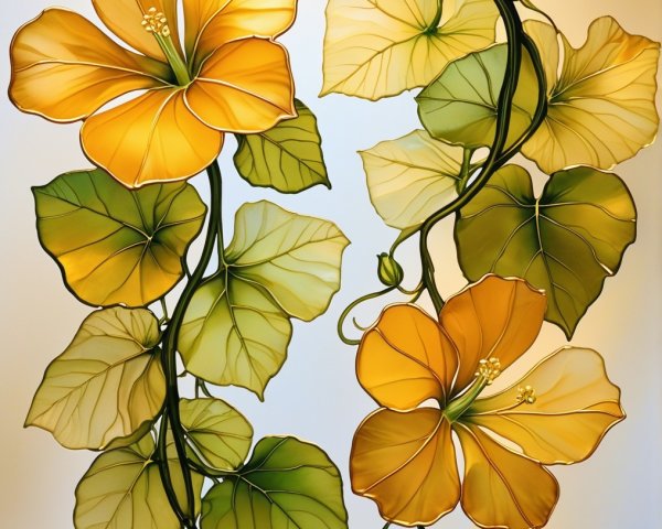 Vibrant Illustration of Yellow Hibiscus Flowers and Leaves