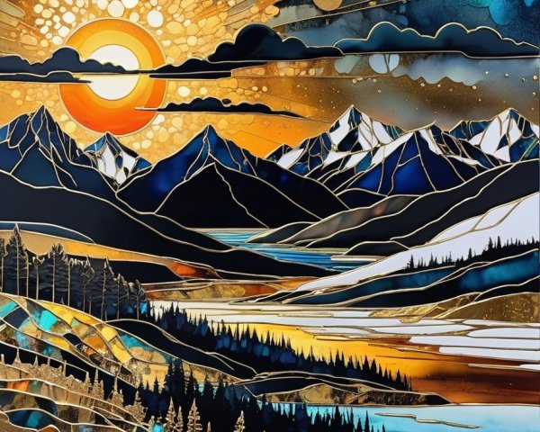 Vibrant Sunset Over Majestic Mountains and Lake